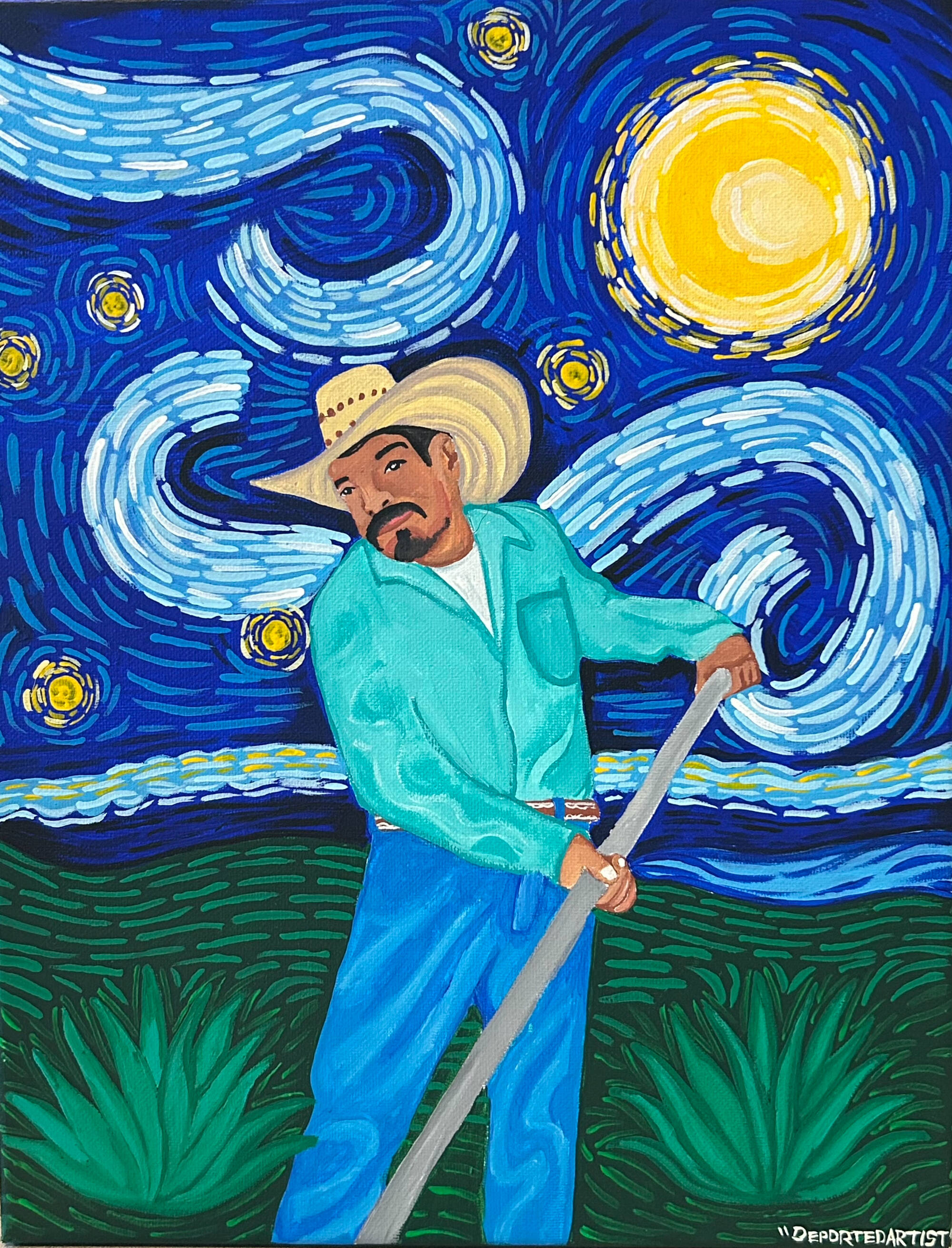Colorful painting of a man wearing a hat, holding the long handle of a tool. Behind him the sky has swirls of clouds, stars against a dark blue background.